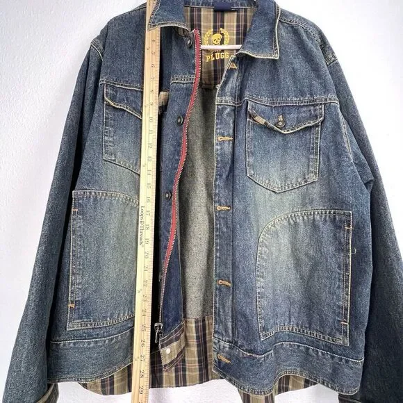 Plugg Vintage Denim Jean Jacket Plaid Lining goth men pockets Made in Russia XL